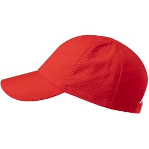 A red cap with a perforated design on the sides and a curved brim, featuring a logo.