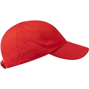 A red cap with a perforated design and an adjustable strap at the back. It features a logo on the front.