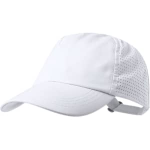 A white cap featuring a perforated design and an adjustable strap at the back. It includes a branding logo.