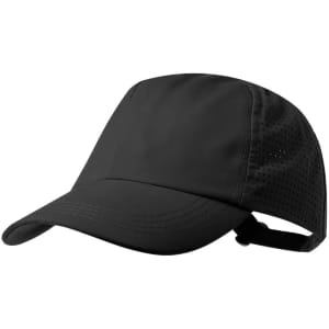 A black cap featuring a sleek design, vented panels for breathability, and an adjustable strap at the back.