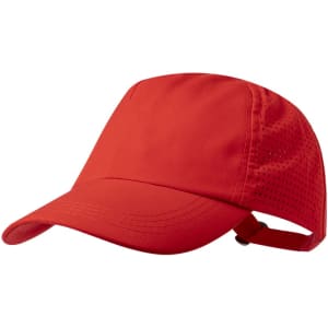 A vibrant red cap with a breathable design and adjustable strap at the back, featuring a logo.