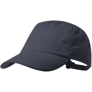 A navy cap featuring a sleek design and ventilation holes, with an adjustable strap at the back and a logo present.