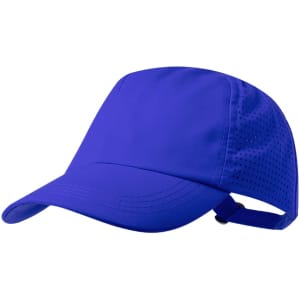 A blue cap featuring a perforated design and adjustable strap. It has a classic curved brim and a logo.