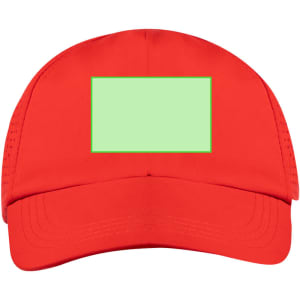 A red cap featuring a green rectangular area for customisation. The cap has a branding logo.