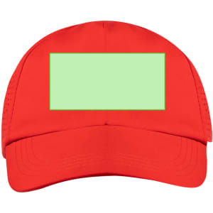 A red cap featuring a green rectangular area, designed for custom branding or designs.
