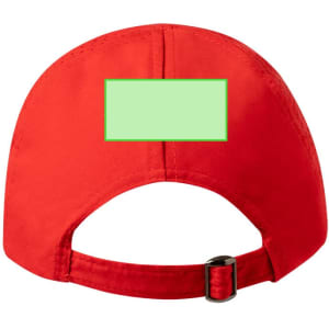 A red cap featuring an adjustable strap and a blank area for branding or customisation.