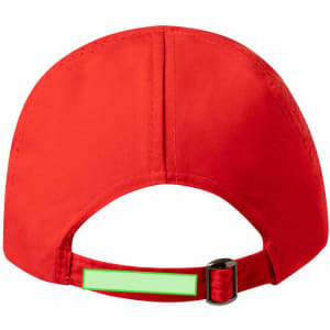 A red cap with an adjustable strap at the back and a branding logo.