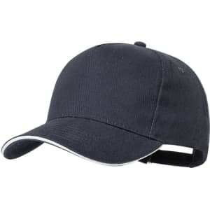 A black cap with a contrasting trim and an adjustable strap at the back, featuring a logo.