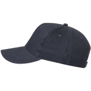 A navy cap with a structured design and a curved brim, featuring a branding logo.