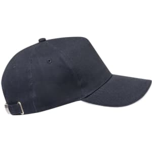 A navy cap featuring a curved brim and an adjustable strap at the back, with a branding logo present.