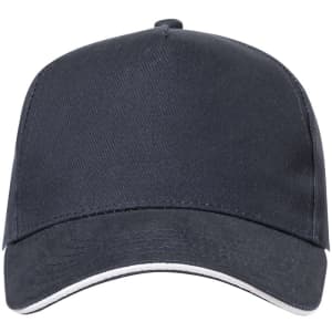 A navy cap with a white trim and a front panel, featuring a logo on the side.
