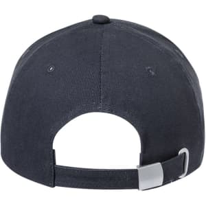 A black cap featuring a buckle closure at the back and a logo on the side.
