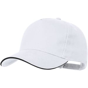 A white cap featuring a curved brim and a black trim, with an adjustable strap at the back.