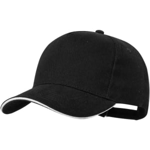 A black cap with a curved brim and a contrasting trim, featuring an adjustable strap at the back and a logo.