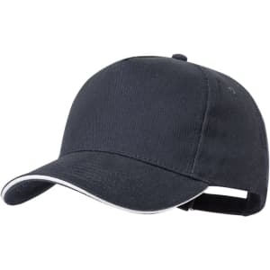 A navy cap with a curved brim and contrasting trim, featuring a logo on the front.