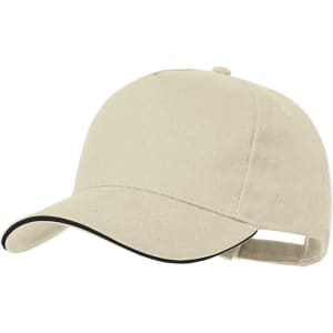 A beige cap with a curved brim and contrasting trim, featuring a logo.