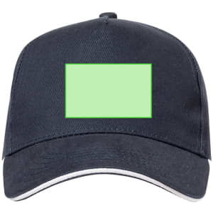 A navy cap featuring a blank green rectangular area, with a simple design and a contrasting white trim.