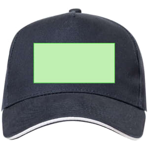 A navy blue cap with a green rectangular area on the front. It features a branding logo.