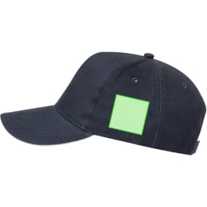 A navy cap featuring a blank green patch on the side, with a curved brim and adjustable strap at the back.