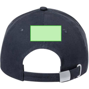 A navy cap featuring a grey adjustable strap and a plain area for branding on the back.