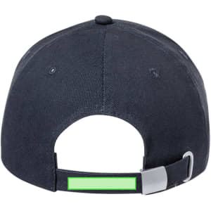 A black cap featuring a metal adjustable strap at the back and a branding logo.