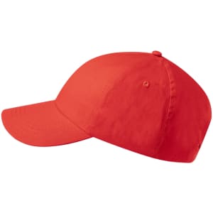 A red cap with a curved brim and a button on top, featuring a logo.