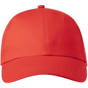 A red cap with a rounded crown and a curved brim, featuring a logo on the front.