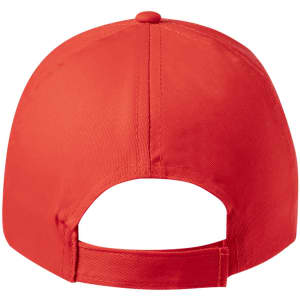 A red cap featuring a back opening and an adjustable strap, with a logo visible.