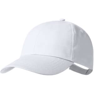 A white cap with a curved brim and an adjustable strap at the back. It features a logo on the front.
