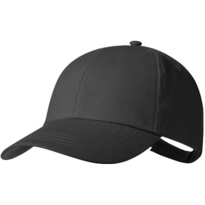 A black cap with a curved brim and adjustable strap, featuring a logo on the front.