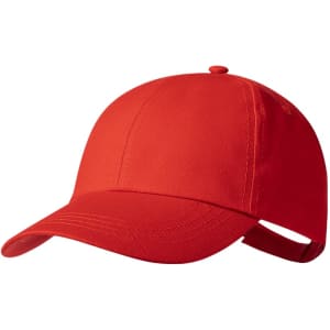 A red cap with a curved brim and adjustable strap at the back. It features a logo on the front.