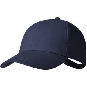 A navy blue cap featuring a curved brim and an adjustable strap at the back, with a logo on the front.
