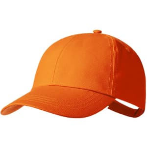 An orange cap with a curved brim and an adjustable strap at the back. It features a logo on the front.