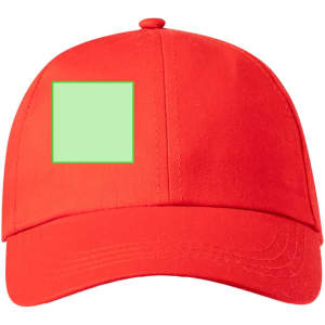 A red cap with a green square area on the front and a curved visor. It has a logo on the side.
