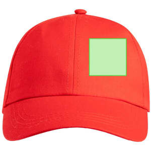 A red cap featuring a green square area for customization. The cap has a curved brim and adjustable strap.
