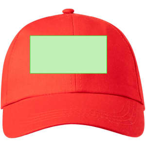 A red cap featuring a front panel suitable for custom branding or designs, complete with a rounded peak.