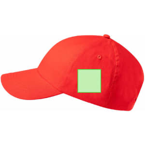 A red cap featuring a flat peak and an area for branding or logos.