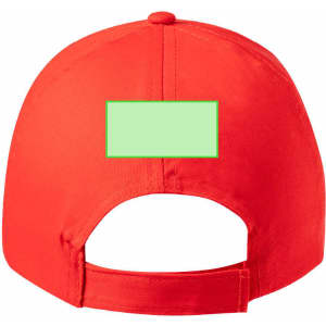 A red cap featuring an adjustable strap and a blank patch at the back for customisation.