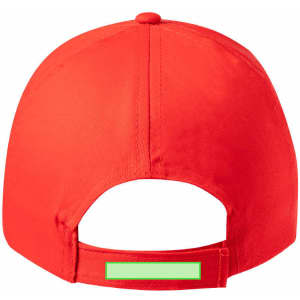 A red cap with a structured design and a back strap for adjustable fitting, featuring a logo on the back.