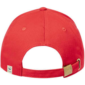 A red cap with a rear adjustable strap and a logo on the side. The fabric appears to be made from organic material.
