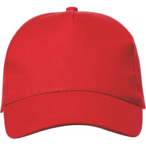 A red cap featuring a solid design and a curved brim. It has a logo on the front.