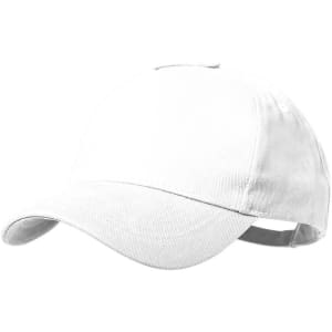 A white cap featuring a curved brim and an adjustable strap at the back. It has a logo on the front.