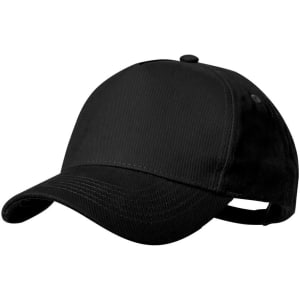 A black cap featuring a curved brim and adjustable strap, with a logo on the front.