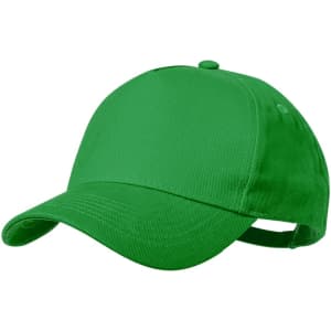 A green cap featuring a curved brim and an adjustable back strap, with a logo on the front.