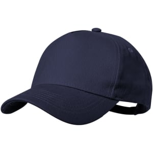 A navy blue cap with a structured design and a rear adjustable strap. It features a logo on the side.