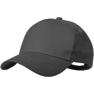 A black cap with a curved brim and an adjustable strap at the back. It features a logo on the side.