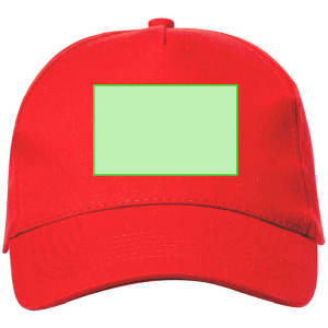 A red cap featuring a blank green rectangular area on the front. The cap has a structured design and a logo.
