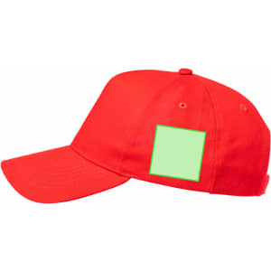 A red cap with a flat brim and a blank green square for branding or customisation.