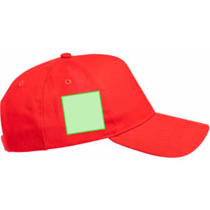 A red cap featuring a blank area for custom branding or logos. The cap has a curved brim and adjustable strap.