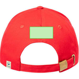 A red cap with a visible adjustable strap at the back and a logo on the side.